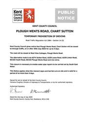 Urgent Road Closure - Plough Wents Road, Chart Sutton - 30th July 2025