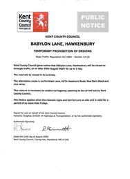 Urgent Road Closure - Babylon Lane - 20th August
